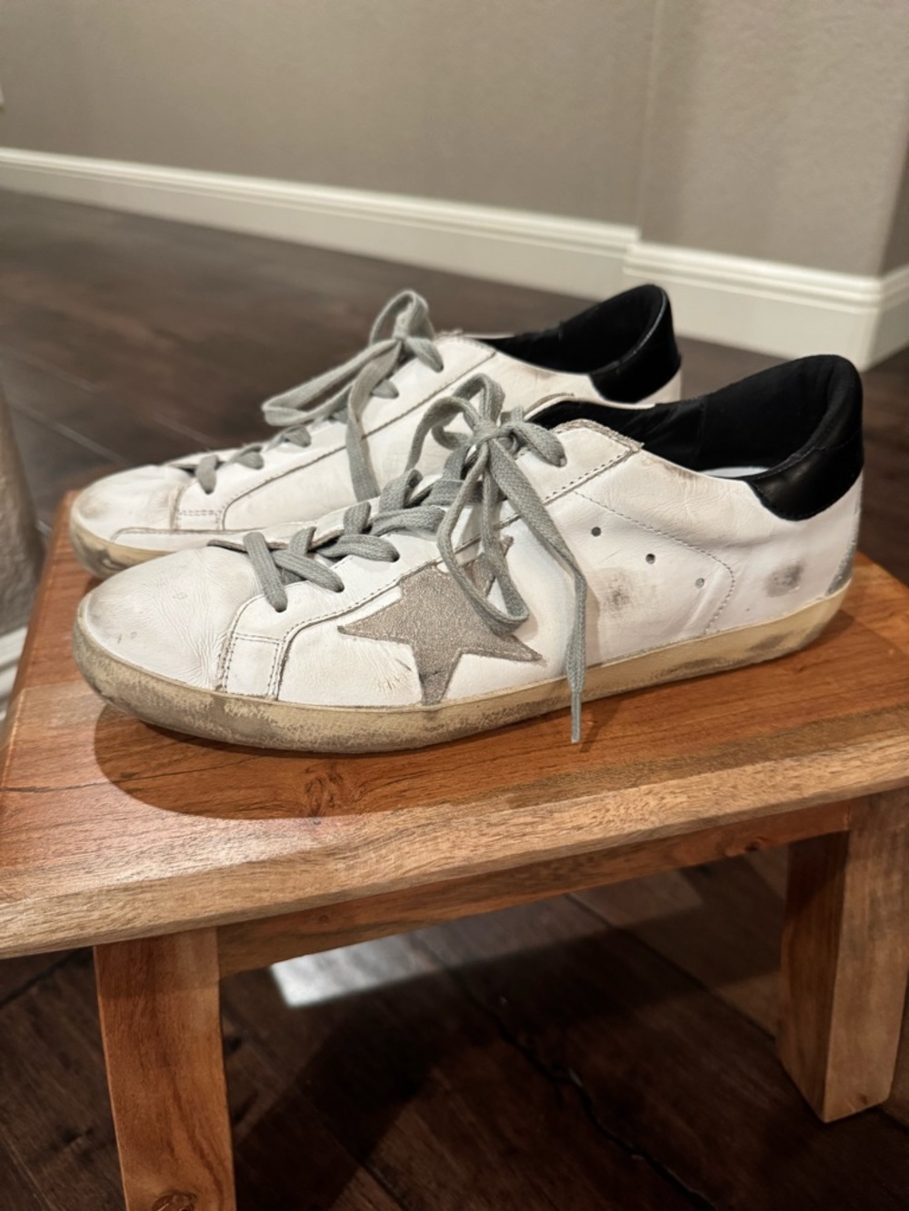 Golden Goose White Leather Sneakers with Silver Star and Black Heel